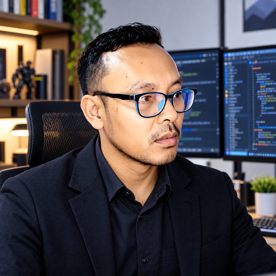 Habibie Amrullah, Senior Software Engineer dan Software Solution Consultant, di ruang kerjanya
